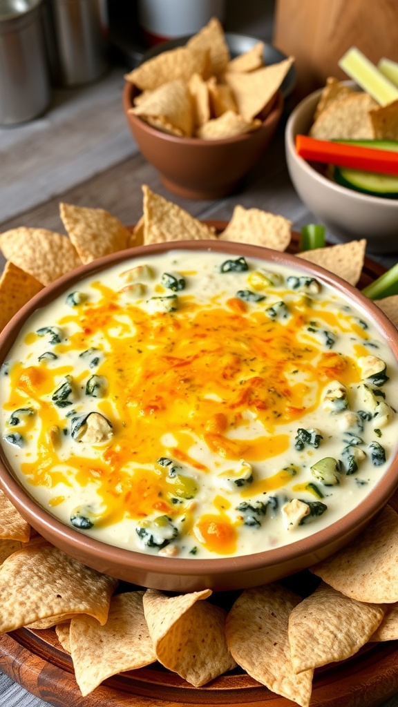 A warm bowl of cheesy spinach and artichoke dip with a crispy top, surrounded by tortilla chips and fresh vegetables for dipping.
